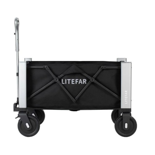 Elektryczny wózek transportowy LITEFAR Orion widok z profilu bocznego pokazujący logo na tkaninie