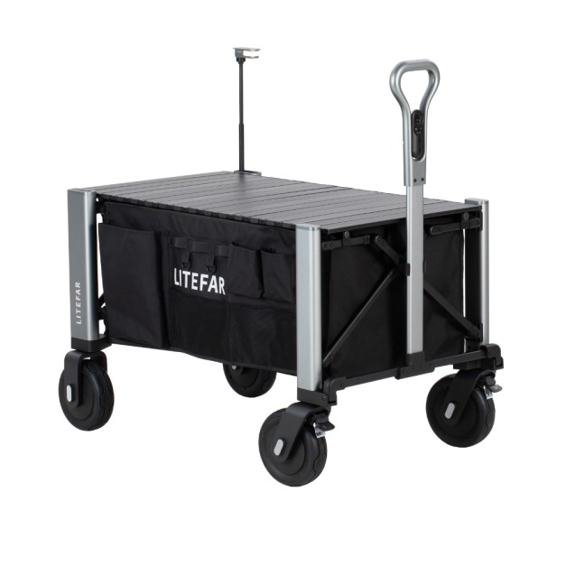 Wózek elektryczny LITEFAR Orion wyposażony w blat Foldable Tabletop, maszt oświetleniowy oraz modułową torbę boczną