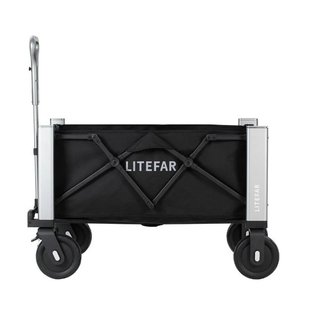 Elektryczny wózek transportowy LITEFAR Orion widok z profilu bocznego pokazujący logo na tkaninie